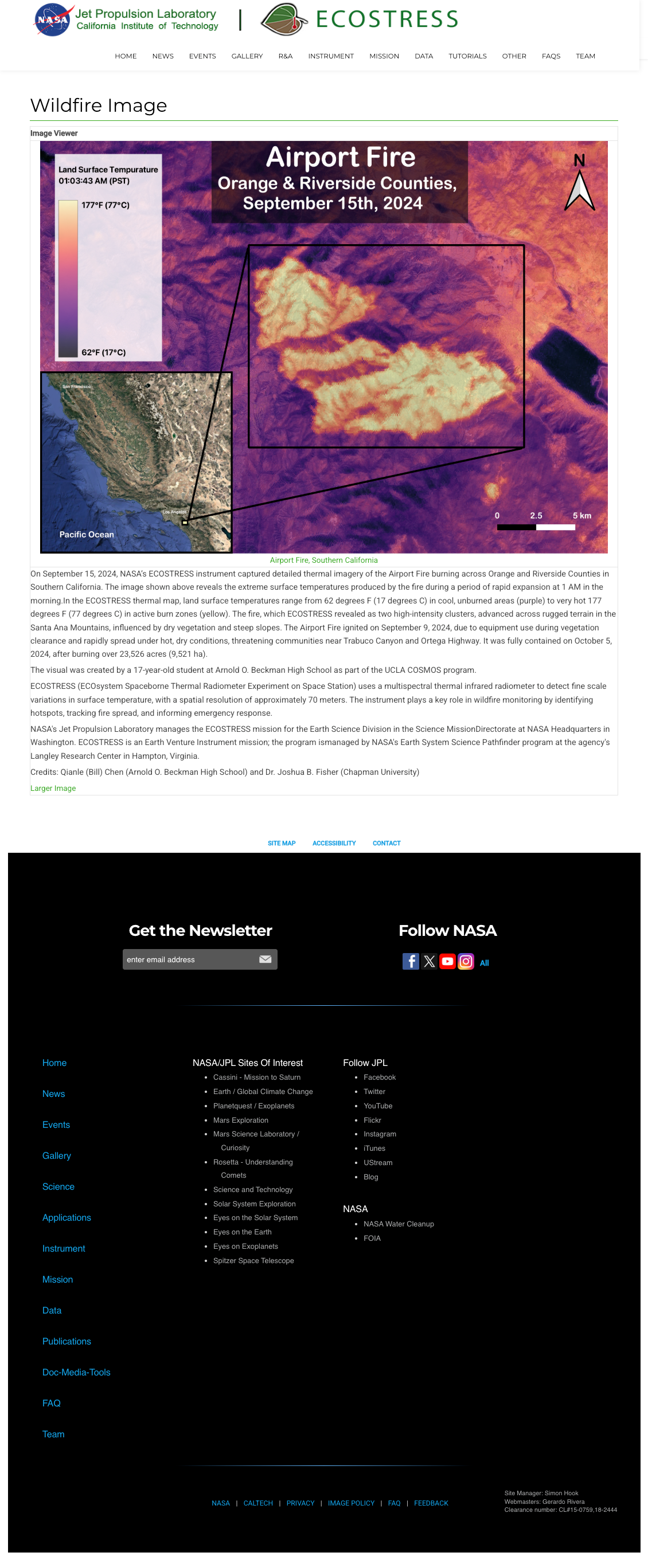 ECOSTRESS Airport Fire Thermal Map, Orange & Riverside Counties, September 15, 2024